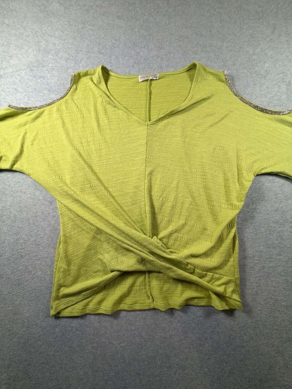 Retrology Lime Green Cold Shoulder V-Neck Rhinestone Trim and Twisted Front